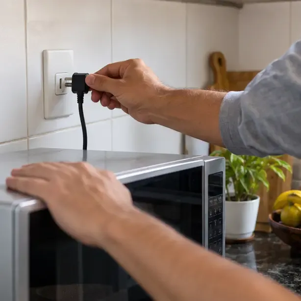 Mão retirando o plugue do micro-ondas da tomada antes do transporte
