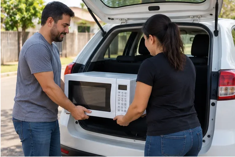 Duas pessoas carregando um micro-ondas com as duas mãos para o porta-malas de um carro