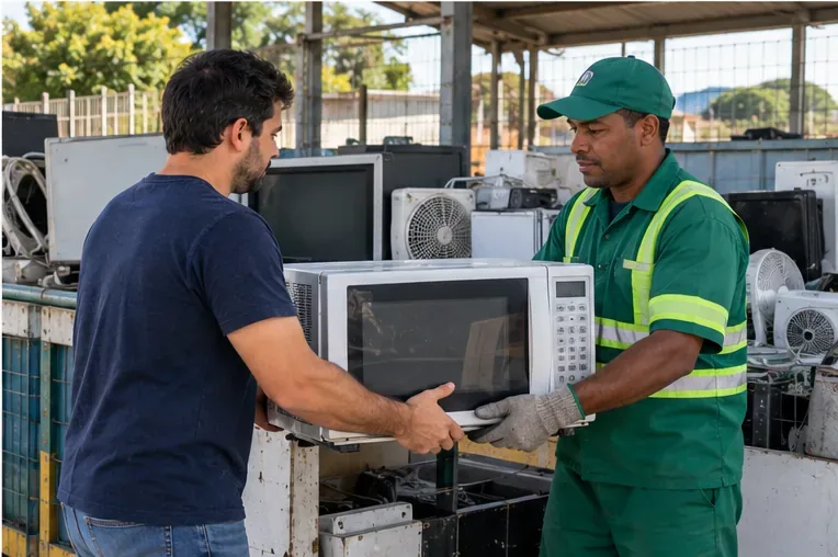 Micro-ondas sendo entregue a um trabalhador em área de recebimento de eletroeletrônicos