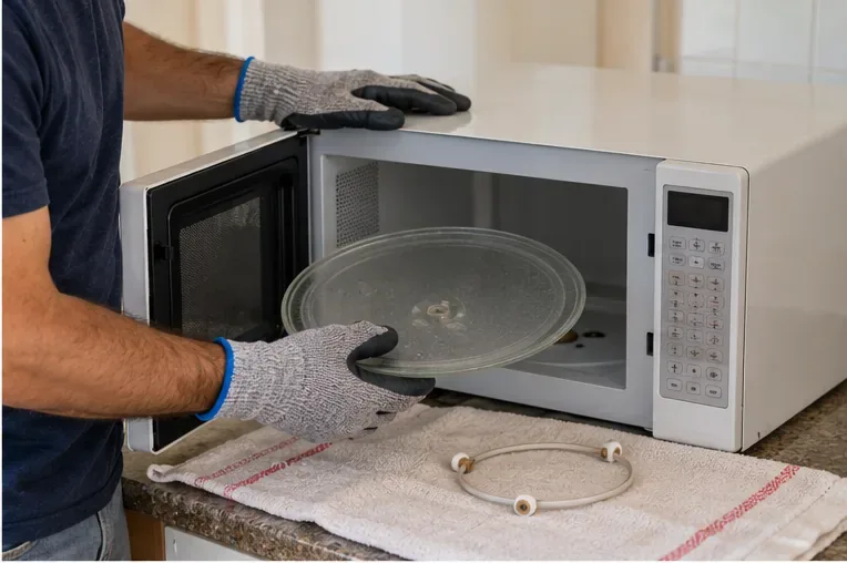 Prato de vidro sendo retirado do interior do micro-ondas