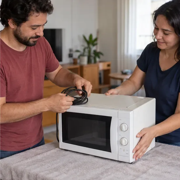 Duas pessoas preparam um micro-ondas ainda inteiro para doação, prendendo o cabo de energia
