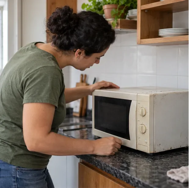 Moradora observa e verifica a porta e o painel de um micro-ondas antigo sobre a bancada