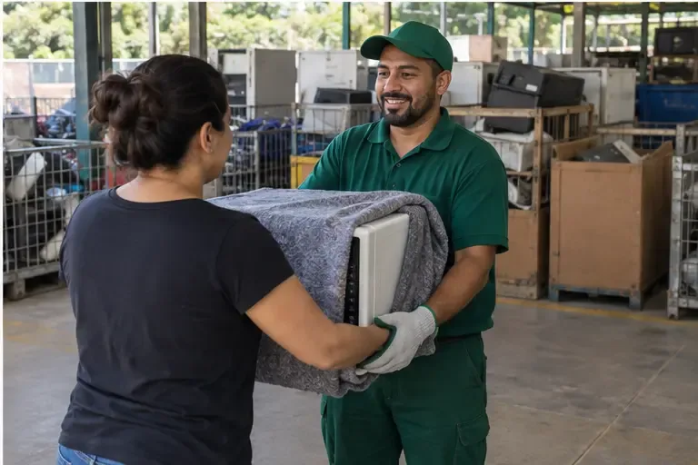 Funcionário de um ponto de recebimento recebe um micro-ondas inteiro protegido por cobertor