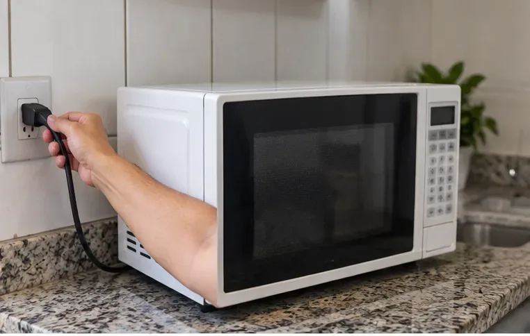 Pessoa retirando da tomada o plugue de um micro-ondas sobre a bancada da cozinha