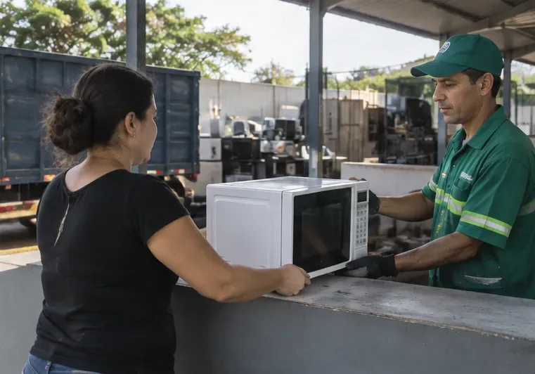 Mulher entregando um micro-ondas inteiro a um trabalhador em área de recebimento de eletroeletrônicos