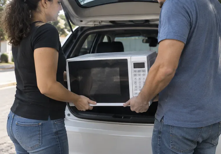 Duas pessoas carregando um micro-ondas até o porta-malas de um carro