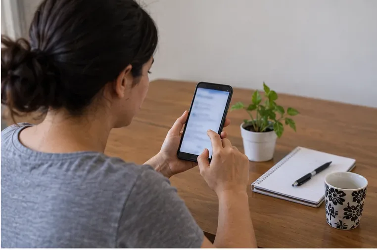 Pessoa usando o celular para solicitar a coleta de um micro-ondas em casa
