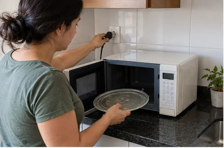 Pessoa desligando um micro-ondas da tomada e retirando o prato de vidro antes do descarte