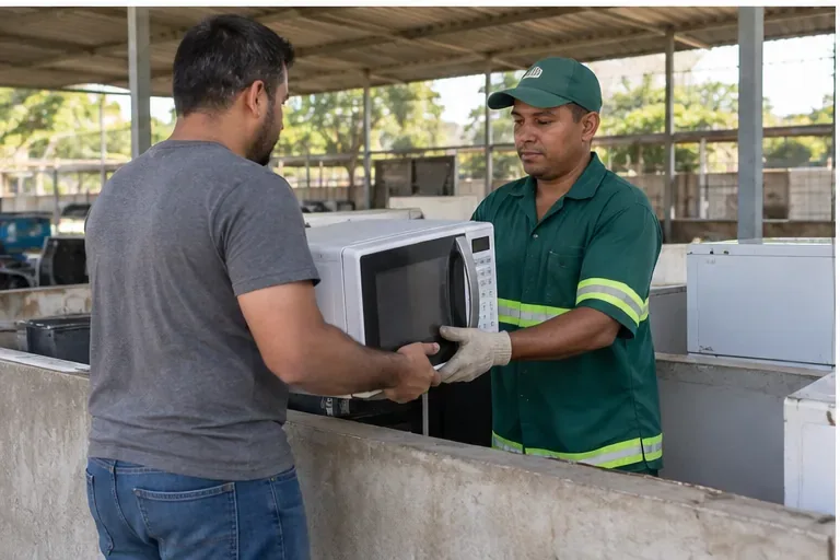 Morador entregando um micro-ondas a um trabalhador uniformizado em área de recebimento de resíduos eletrônicos