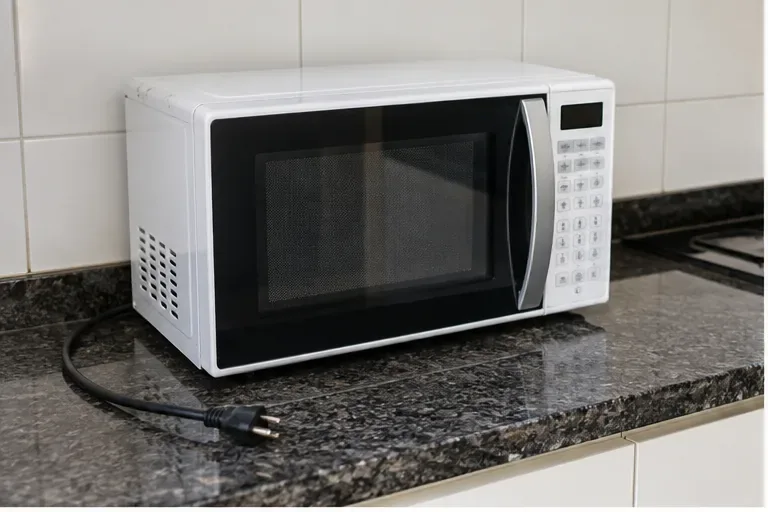 Micro-ondas branco desligado sobre bancada de cozinha, com plugue fora da tomada