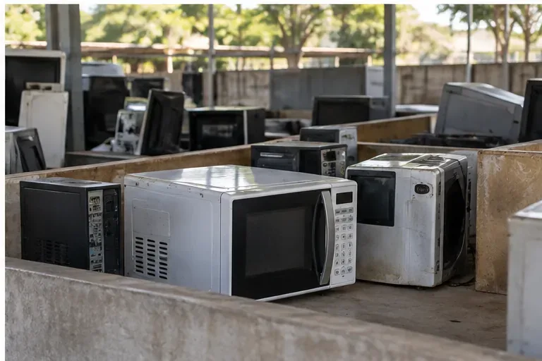 Área coberta de triagem com vários aparelhos eletrônicos usados, incluindo micro-ondas separados em baias