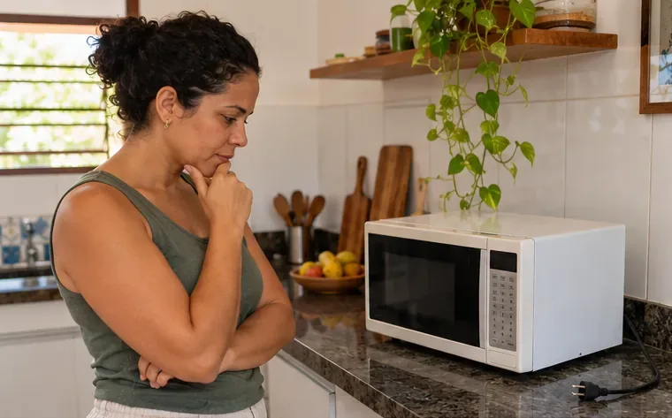 Mulher observa um micro-ondas intacto sobre a bancada da cozinha, com plugue fora da tomada