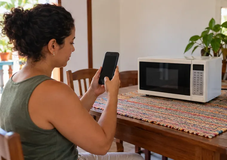 Mulher segura um celular de tela escura ao lado de um micro-ondas em uma mesa