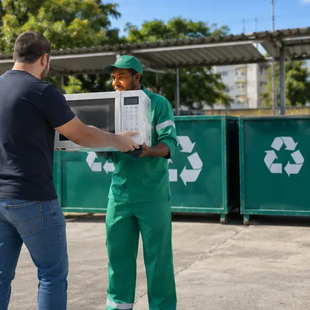 Pessoa entregando um micro-ondas inteiro a um trabalhador em área de recebimento de materiais recicláveis