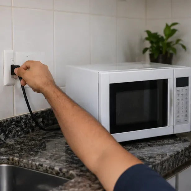 Pessoa retirando o plugue de um micro-ondas branco da tomada antes de preparar o aparelho para descarte