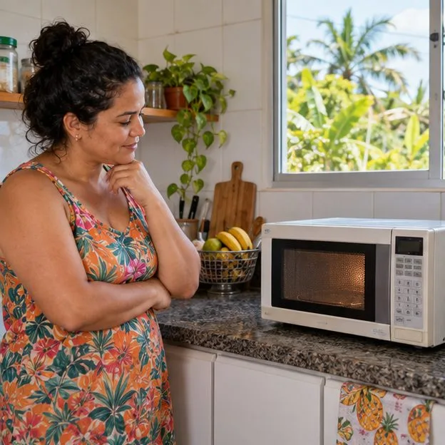 Uma moradora observa um micro-ondas sobre a bancada da cozinha antes de decidir se ainda pode ser reutilizado