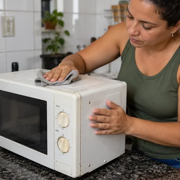 Pessoa limpa por fora um micro-ondas desligado enquanto o prato de vidro permanece separado