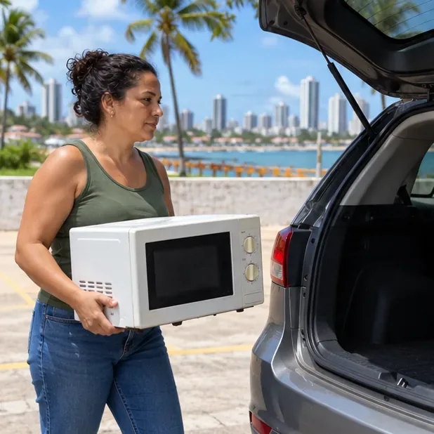 Pessoa segura um micro-ondas com as duas mãos ao colocá-lo no porta-malas de um carro