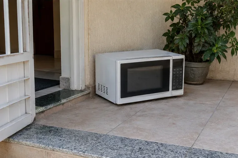 Micro-ondas inteiro colocado próximo à entrada de uma residência, aguardando retirada programada