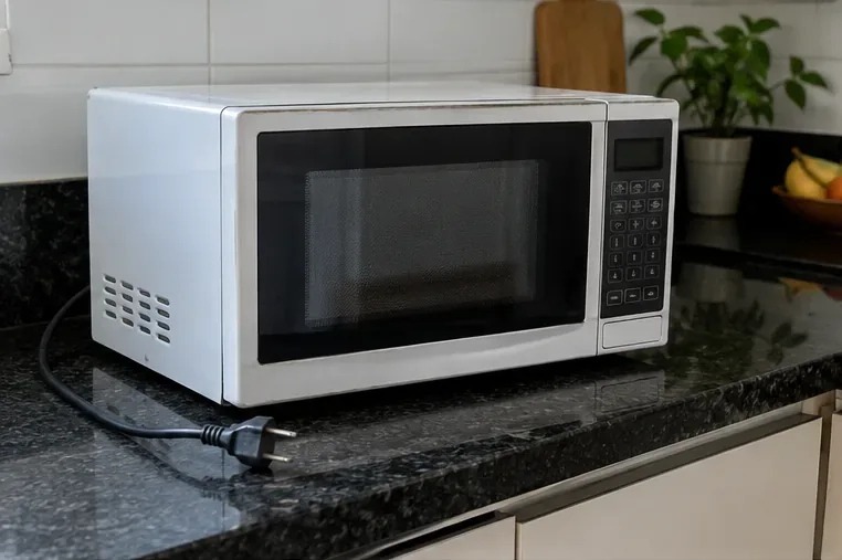 Micro-ondas desligado sobre uma bancada, com o plugue fora da tomada antes do descarte