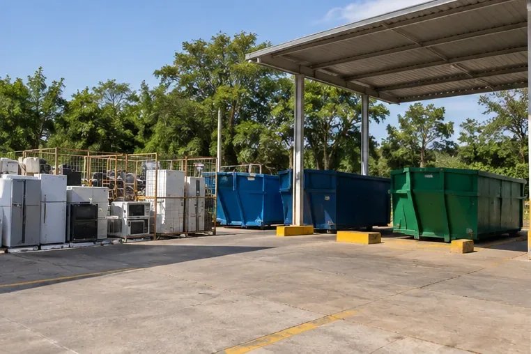 Área organizada de recebimento de resíduos com contêineres e eletrodomésticos separados para reciclagem