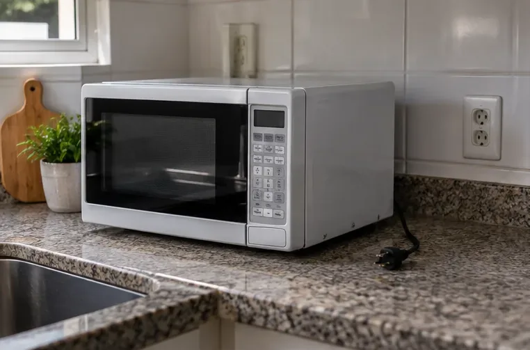 Micro-ondas desligado sobre a bancada, com o cabo de energia fora da tomada antes do descarte