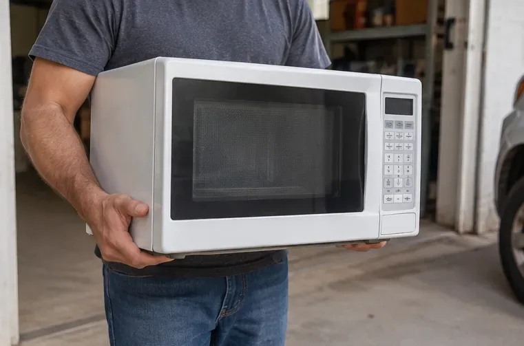 Pessoa carregando um micro-ondas inteiro com as duas mãos para levá-lo a um ponto de descarte