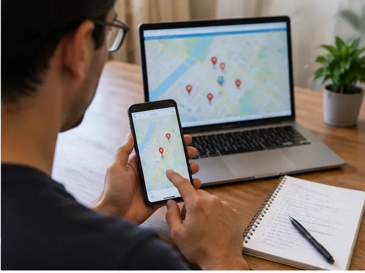 Pessoa pesquisando no celular e no computador um ponto de entrega para micro-ondas usado