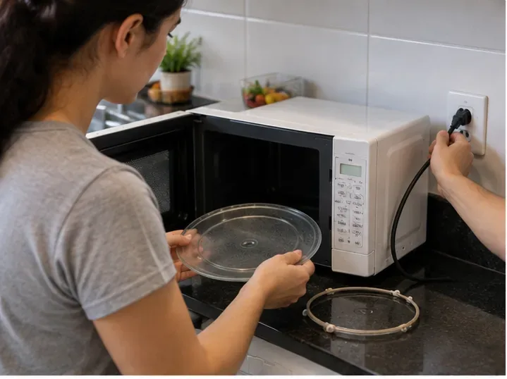 Pessoa desligando um micro-ondas da tomada e retirando o prato de vidro antes do descarte