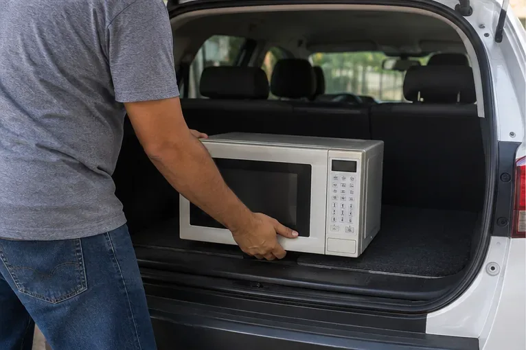Pessoa colocando um micro-ondas de forma estável no porta-malas para levá-lo a um ponto de recebimento