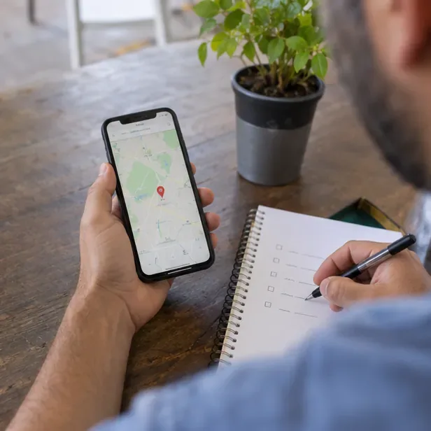 Uma pessoa consulta um mapa no celular e anota informações para levar um micro-ondas ao ecoponto.
