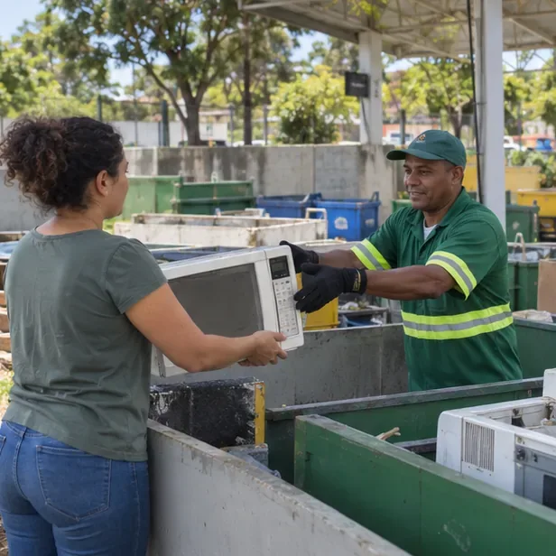 Uma moradora entrega um micro-ondas usado a um trabalhador em uma área de recebimento de resíduos eletroeletrônicos.