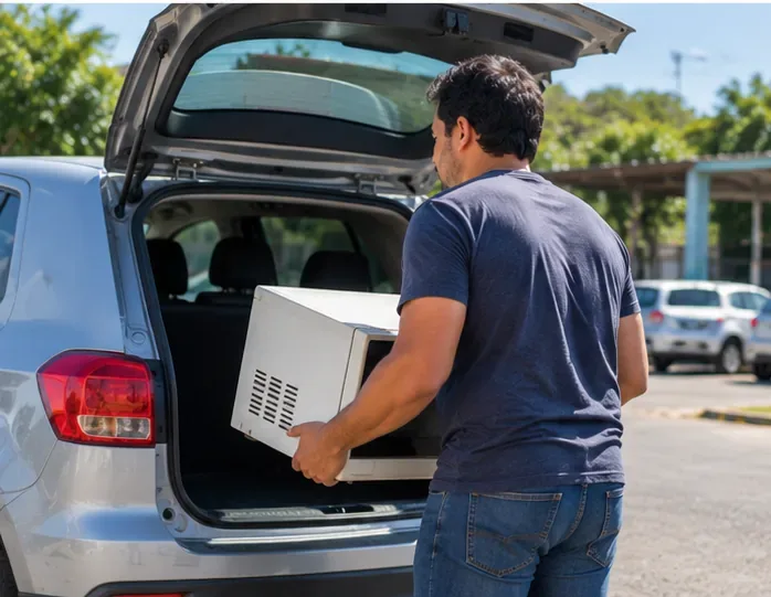 Homem colocando um micro-ondas no porta-malas de um carro para levá-lo ao ponto de recebimento