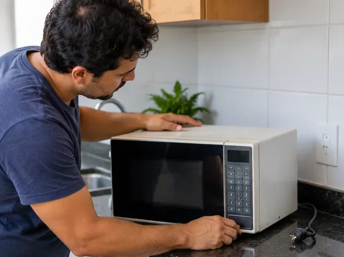 Homem verificando um micro-ondas desligado sobre a bancada antes do descarte
