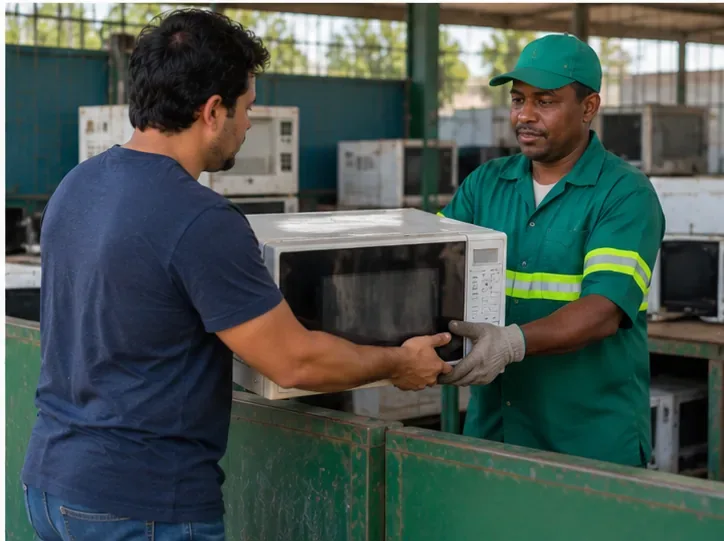 Consumidor entregando um micro-ondas inteiro a um trabalhador em área de recebimento de eletroeletrônicos