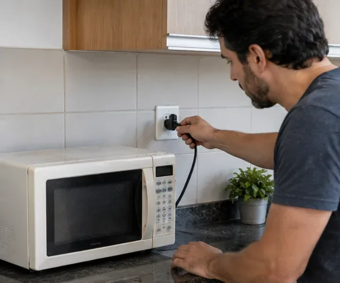 Homem desconectando um micro-ondas antigo da tomada antes de prepará-lo para descarte