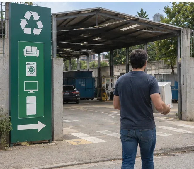 Pessoa carregando um micro-ondas em direção à entrada de uma instalação de reciclagem