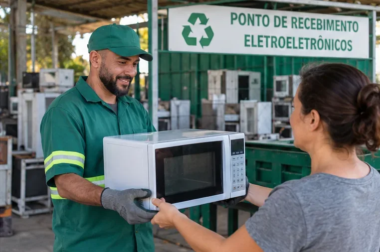 Moradora entregando um micro-ondas inteiro a um funcionário em ponto de recebimento de eletroeletrônicos