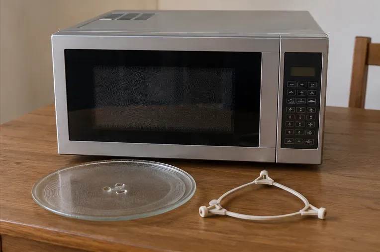 Micro-ondas sobre uma mesa com prato de vidro e anel giratório retirados para transporte seguro