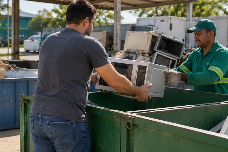 Pessoa entregando um micro-ondas a um trabalhador em uma área de recebimento de eletrodomésticos para reciclagem