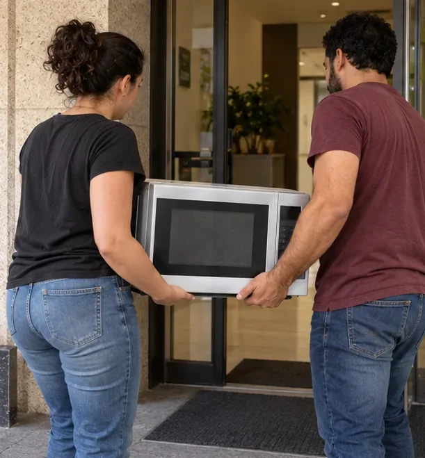 Duas pessoas carregam juntas um micro-ondas de bancada junto à entrada de um edifício