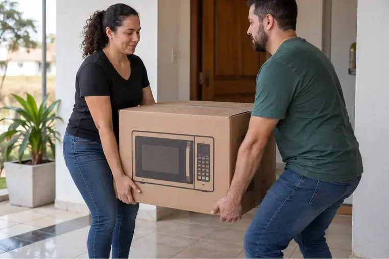 Duas pessoas carregando juntas uma caixa de papelão com um micro-ondas.