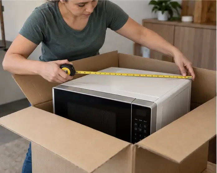 Pessoa medindo um micro-ondas colocado dentro de uma caixa de papelão.