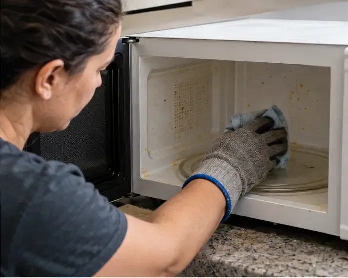 Pessoa usando luva para limpar resíduos de alimentos do interior do micro-ondas.