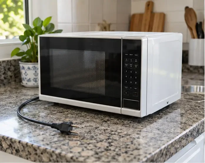 Micro-ondas desligado da tomada sobre a bancada, com o plugue visível.