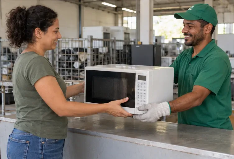 Moradora entrega um micro-ondas a um atendente em uma área organizada de recebimento de eletroeletrônicos
