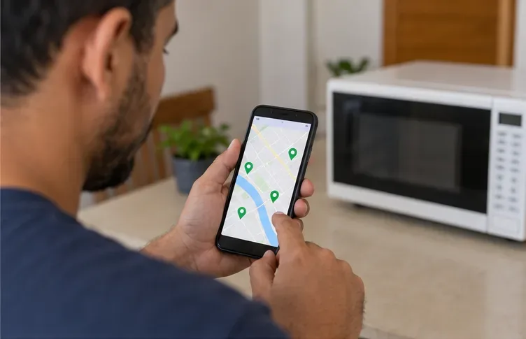 Pessoa consulta no celular um mapa de pontos de entrega enquanto um micro-ondas permanece em casa
