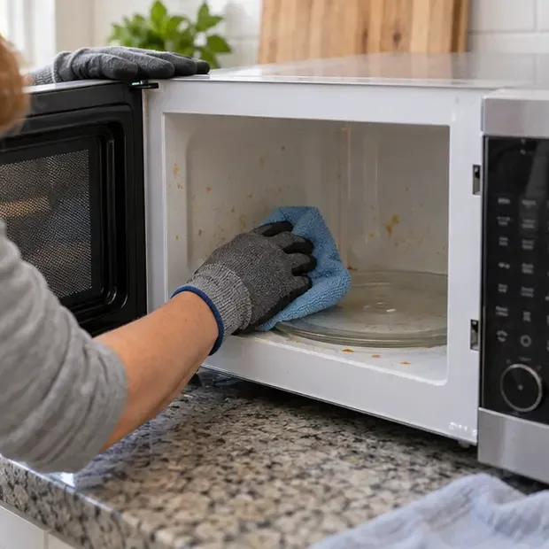 Pessoa com luvas a limpar o interior de um micro-ondas aberto e desligado.