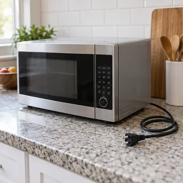 Micro-ondas desligado da tomada com o cabo enrolado sobre a bancada da cozinha.