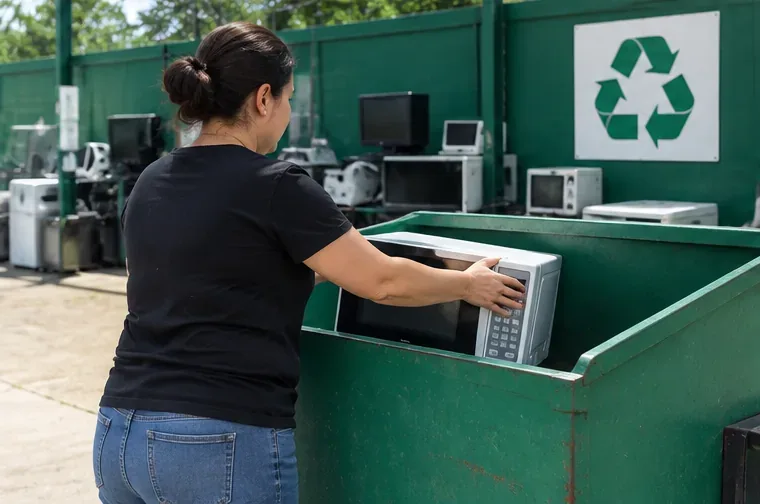 Pessoa entregando um micro-ondas inteiro em área de recebimento de equipamentos eletrônicos para reciclagem